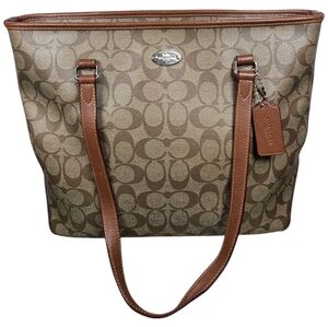 Coach Beige/Brown Signature Coated Canvas and Leather Tote Bag.